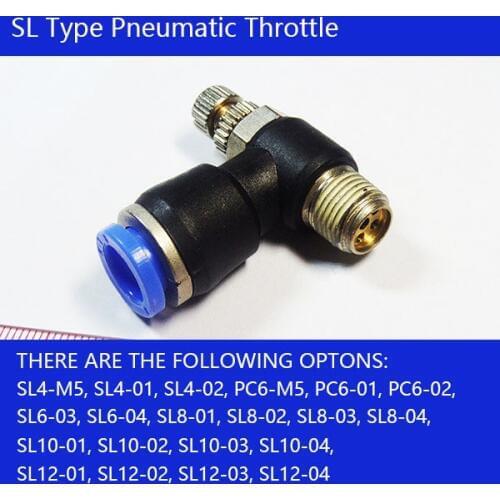 6pcs SL Pneumatic Throttle Speed Controller Valve 1/8'' 1/4" 3/8" 1/2" Male Thread Cylinder Throttle Pressure Regulator Valve