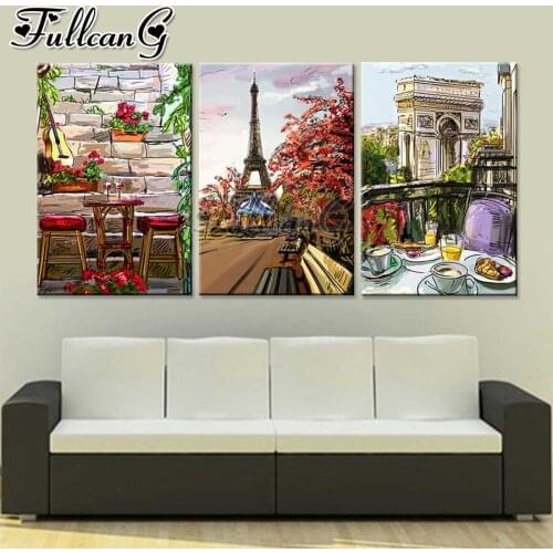 FULLCANG 5d diy diamond embroidery Abstract paris landscape diamond painting triptych full square round drill home decor FC2765