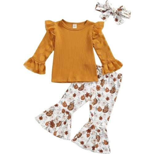 2021 0-5Y Sweet Kids Baby Girl Clothes Set Dot Mesh Flare Long Sleeve Blouse+Floral Pants+Headband Spring Fall 3pcs Outfits