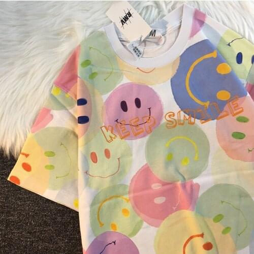 T-shirt Summer Short-Sleeved Round Neck Mens Fashion Loose Cotton All-match Style INS Smile Face Lovers Student BF