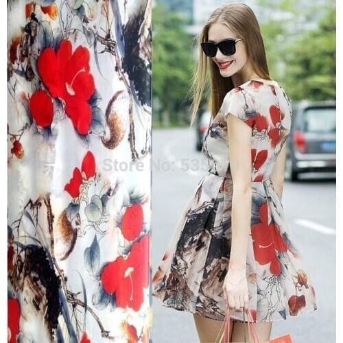George Super Have lace organza red flowers Designer Printed Silk Fabric Woven Material Curtain Dress silk Fabrics