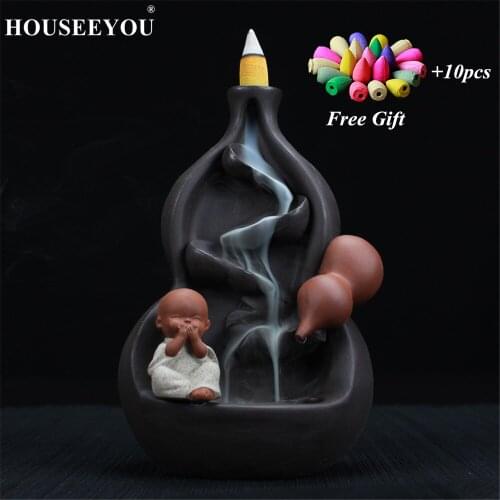 Gourd Shape Little Monk Backflow Incense Burner Ceramic Waterfall Incense Holder Aromatherapy Aroma Smoke Joss Zen Encens Censer