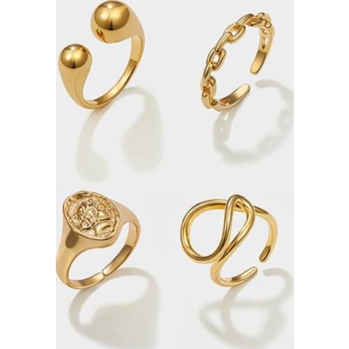 Punk Gold Face Portrait Coin Open Ring for Women Vintage Adjustable Chain Finger Rings Geometric Statement Party Jewelry