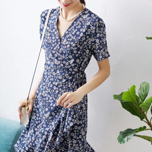 Dress New silk floral apricot print floral dress short sleeve V neck