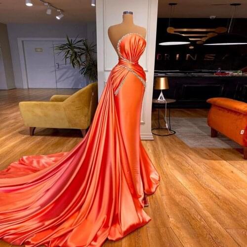 Coral Mermaid Prom Dresses Ruched Beaded Strapless Formal Evening Gowns Sweep Train Wmen Party Dress robes de soirée