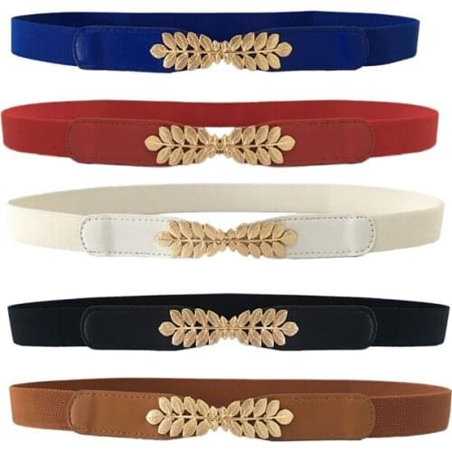Fashion Leaves Buckle Women Elastic Waist Belt Ladies Dress Slim Shiny Belts Leather White Black Blue Female Belt Accessories