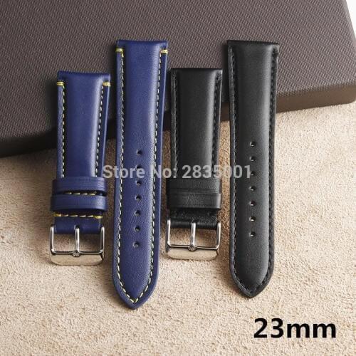 Glossy Genuine Leather Watchband 23mm Black/Blue Stitched Calfskin Strap With Pin Buckle For Brand Watch Free shipping Stock MEN