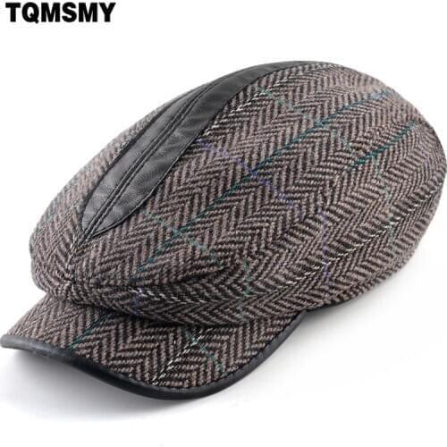 Wool fabric caps Men Berets Thick warm Peaked cap casual Gorras Planas bone Flat hat Mens winter Hats Real sheepskin Berets