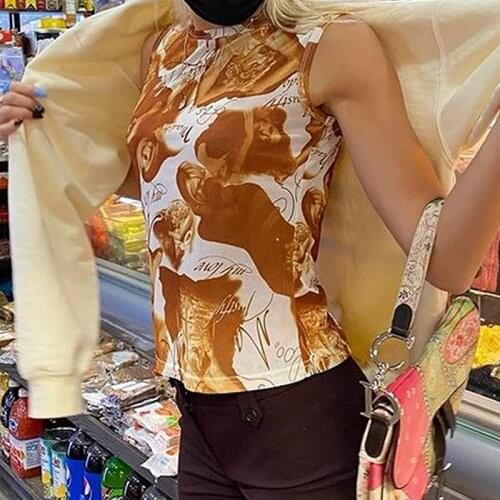 Gothic Vintage Retro Print Y2K Casual Tank Tops Women Summer Harajuku Crop Shirts Fashion O-neck Cute Vest Outfit Streetwear