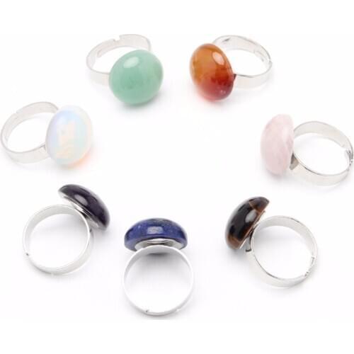 Simple Dome Flat Back Round Geometric Adjustable Ring Wedding Party Rings Natural Quartz Opal Amethysts Agates Stone Rings Women