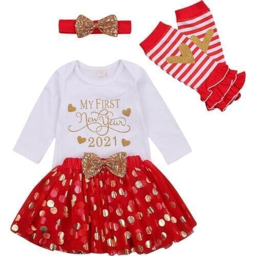 2021 New Year Infant Newborn Baby Girl 4Pc Set Clothes Set Long Sleeve Bodysuit Dots Mesh Skirts Sequin Headband Legging Warmmer