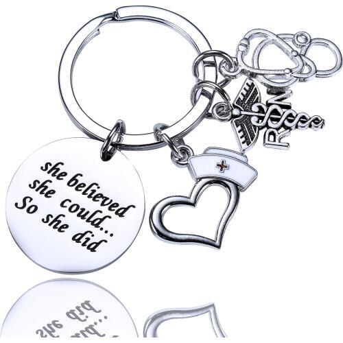 36PCs She Believed She Could So She Did Keyrings Nurse Hat RN Stethoscope Stainless Steel Charm Pendant Keychains Nurse Gift Hot