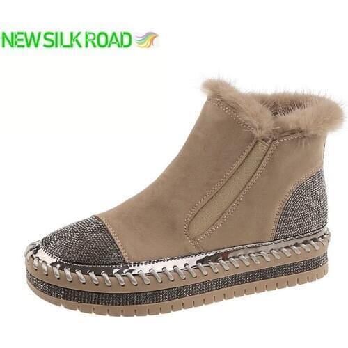 New Arrivals Warm Women Boots Ankle Flat Bottom Shoes Slip-On Round Toe Rhinestone Fur Collar Platforms Knitting Handmade Ladies