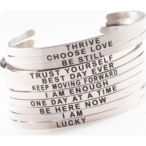 Charm Inspirational Silver Stainless Steel Cuff Bracelet Jewelry Bracelets For Women High Quality Personalized Quotes Mantra 4mm