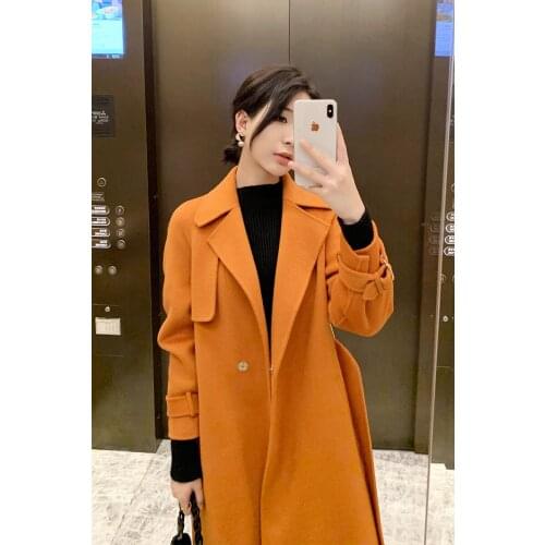 Double sided cashmere coat womens 2021 autumn and winter new Korean version high-end woolen temperament over the knee medium