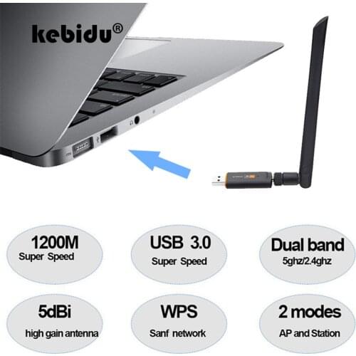Kebidu 1200Mbps with Antenna Dual Band USB 3.0 Wireless Wifi Adapter For Laptop Desktop 802.11ac Standard Newest