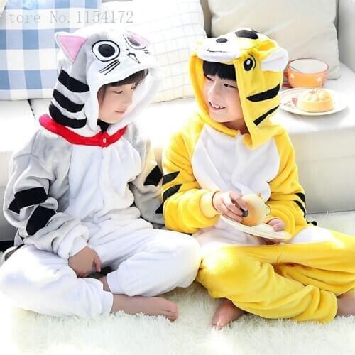 Kigurumi Clothing Tiger Animal Pajamas Cat Costumes Unisex Kids Clothes Boys Girls Flannel Sleepwear Robe Onesies Pyjama