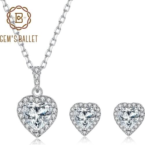 GEMS BALLET Heart Shape Moissanite Pendant Necklace Earrings Sets 925 Sterling Silver Halo Jewelry Set For Women Wedding