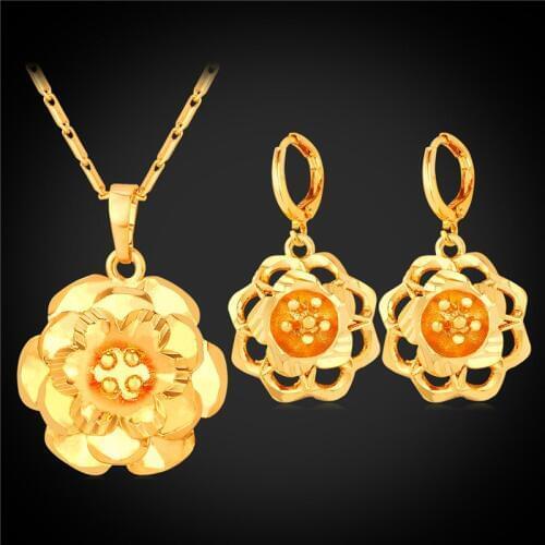 Yellow Gold/Silver Color Earrings And Pendant Necklace Set Fashion Dubai Multilayer Flower Jewelry Set PE1603