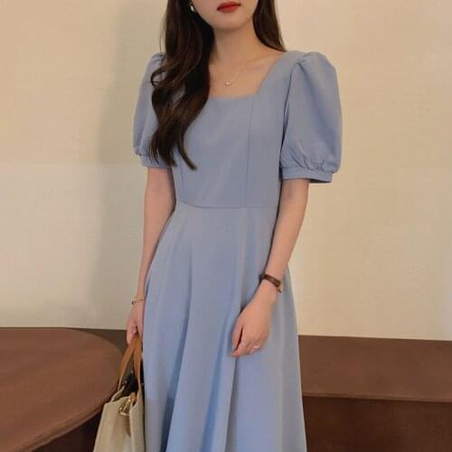 Korean Chic One-Piece WomenS Dress 2021 Summer New French Square Neck Puff Sleeve Solid Dress Office Ladies Casual Long Dresses