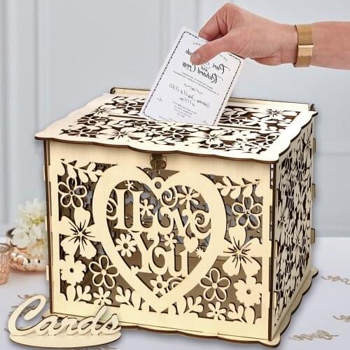 Wedding Gift Card Box Creative Wooden Money Box with Lock and Key Baby Shower Anniversary Birthday Wedding Party Supplies
