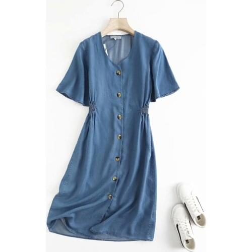 Summer blue denim dress women button up v neck short sleeve jeans dress vestidos mujer cotton beach dress