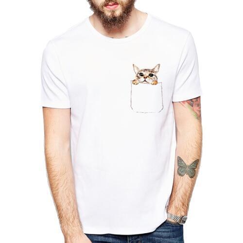 Pocket Cat Fashion T-shirt men Casual Short Sleeve Printed Tops Hommes Funny Clothing Hip Hop Style