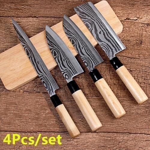 4Pcs/set Stainless Steel Kitchen Knife Set Sashimi Knife Japanese Chef Knife Meat Cleaver Slicing Tools Sushi Fillet Knife Set