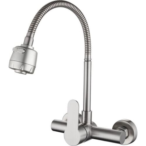 Wall Mounted Kitchen Faucet Pull Down Stream Sprayer Bubbler Stainless Steel Sink Tap Flexible Hose Double Holes Cold Hot Mixer
