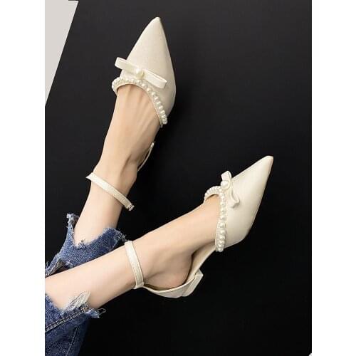 Womens 2021 new summer pointed-toe thick with all-match pearl bow knot bridal shoes