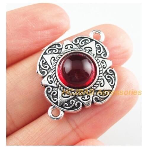 Fashion 3 New Flower Charms Red Glaze Heart Connectors Tibetan Silver Tone 23.5x30mm