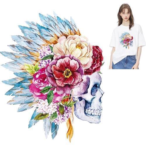 Indian style flower skull iron on Patches Iron on Transfer patches Stickers on Clothes T-shirt jacket stripes Applique Badges