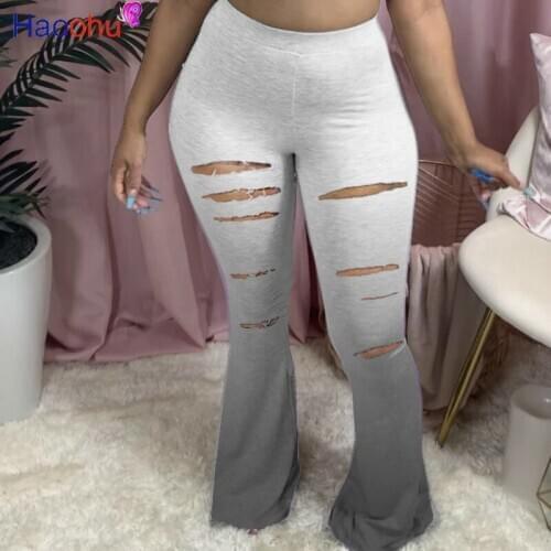 HAOOHU Streetwear Gradient Hole Women Elastic Wide Leg Flare Skinny Pants Leggings High Waist Trousers Draped Jogger Sweatpants
