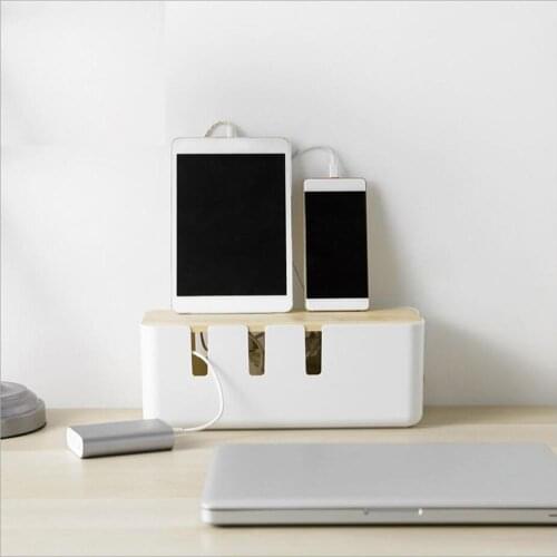 Storage Box With Wooden Cover For Socket Power Cord Safe Cooling Heat Dissipation Hollow Out Charging Cable Storage Finishing Ca
