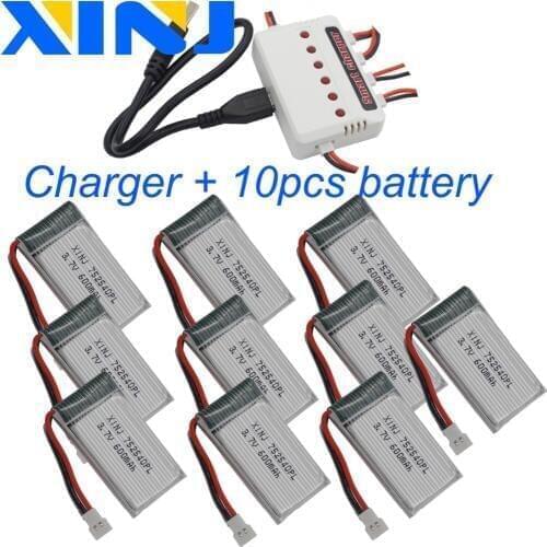XINJ Charger+10pcs 3.7V 600 mAh 25C Polymer Li-Po battery JST-XH 2.54mm plug for Syma X5C X5SC TK M80 RC Quadcopter Drone 752540
