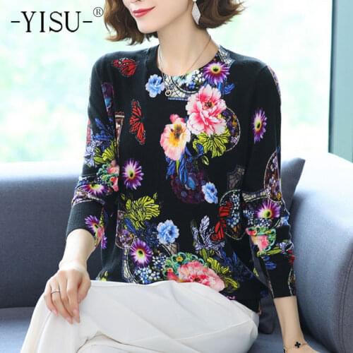 YISU Women Autumn Sweater O-Neck Rose flower Printing Tops Female Long sleeve Jumper Loose Casual Knitted pullove Women clothing
