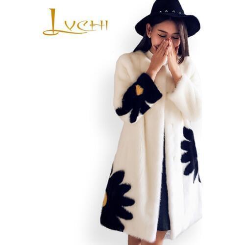 LVCHI Women winter Medium Daisy flowers fashion real fur coat Round Neck Natural mink fur coat womens floral pattern mink coats