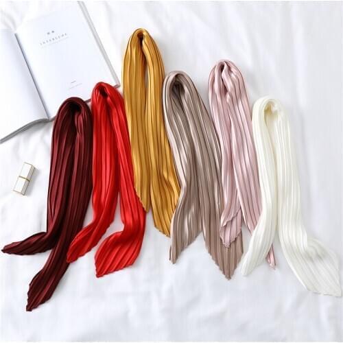 2020 70*70cm Women Small Silk Square Scarf Skinny Ribbon Head Neck Small Pleated Hair Tie Band Kerchief Satin Foulard Scarves