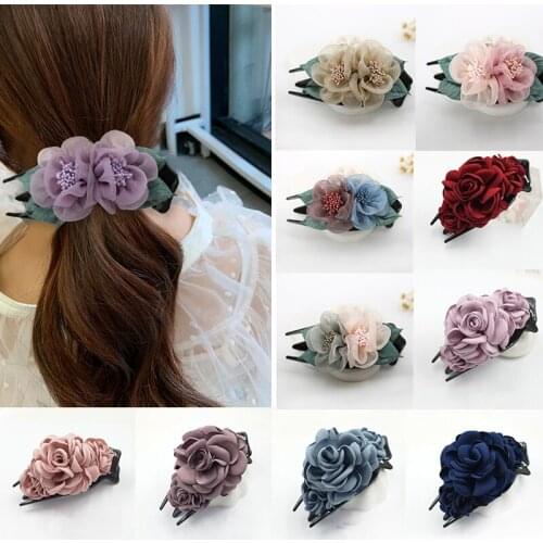 2021 Fashion Women Hair Claw Cloth Flower Elegant Lady Duckbill Hairclip Girls Headwear Spun Yarn Barrettes Hair Accessories