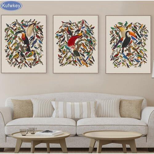 3 pcs,Diamond Embroidery,Vintage Retro,5D,diy,Diamond Painting birds,Cross Stitch,3D picture,Diamond Mosaic,home Decoration