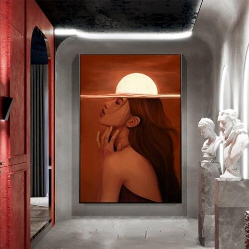 Abstract Girl Sunrise Red Pictures Canvas Painting Wall Art For Living Room Modern Decorative Picture NO FRAME