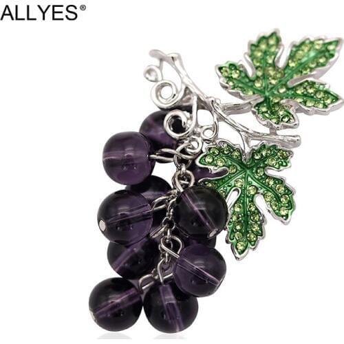 ALLYES Purple Grape Brooch Jewelry Women Fashion Luxury Elegant Crystal Wedding Party Suit Lapel Enamel Plant Large Pin Brooches
