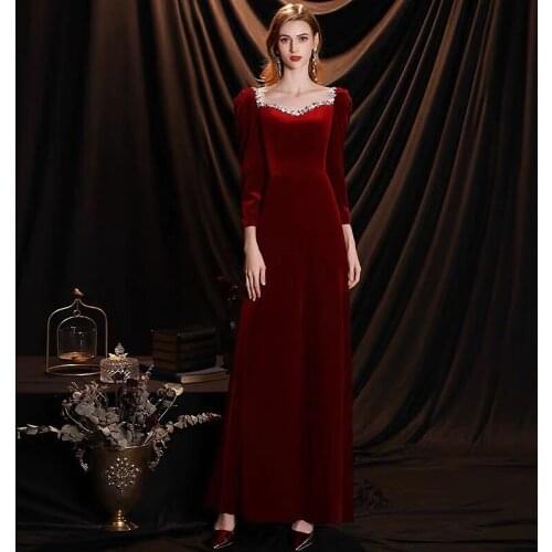 Burgundy Velvet Celebrity Dresses Long Sleeves Sweetheart A-Line Diamond Vintage Crystal Formal Banquet Guest Evening Prom Gowns