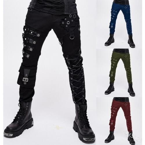 5XL Large Size Men Slim Black Punk Pencil Pants Zipper Open Male Casual Fashion Bandage Lace up Trousers With Buckle Pockets
