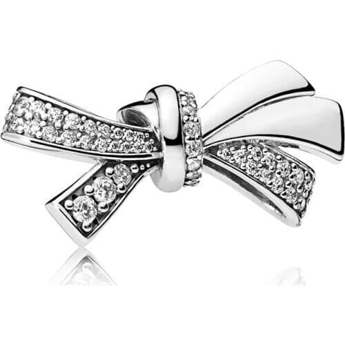 Genuine 925 Sterling Silver Brilliant Bow Charm Clear CZ Beads for Jewelry Making Fits Pandora Bracelet Women DIY Gift Bijoux