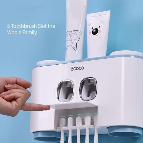 ECOCO Toothbrush Holder Storage Rack Toothpaste Dispenser Wall-Mounted Toothpaste Squeezer With 4 Cups Bathroom Accessories