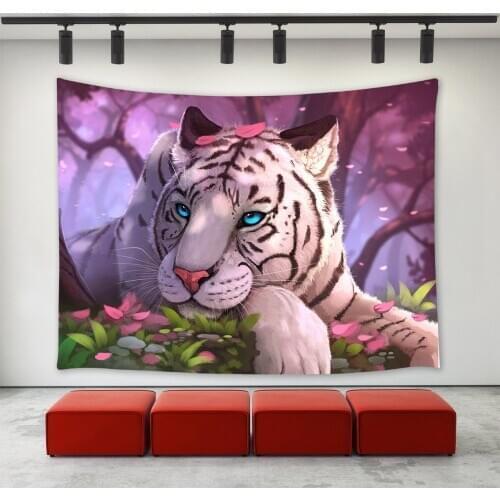 Fantasy White Tiger Blue Eyes in the Forest Art Wall Tapestry