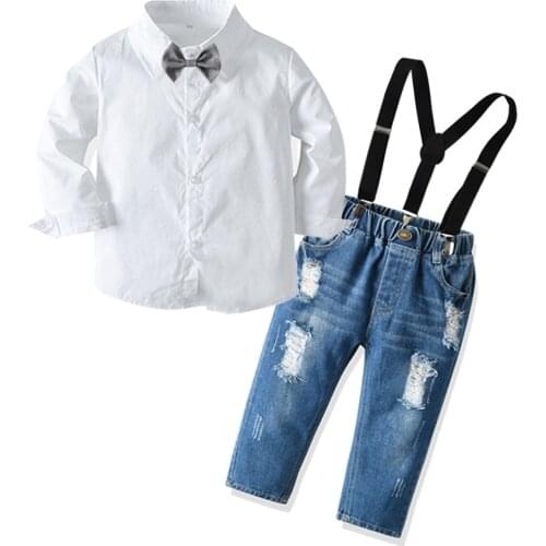 FOCUSNORM 2-7Y Gentleman Infant Kids Boys Clothes Sets 2pcs Solid Long Sleeve Single Breasted Shirts Tops Denim Pants