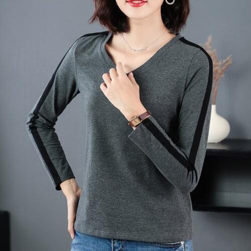 Shintimes T Shirt Women Patchwork Striped V-Neck Long Sleeve T-Shirt Autumn 2020 Cotton Tshirt Korean Plus Size Womens Clothing
