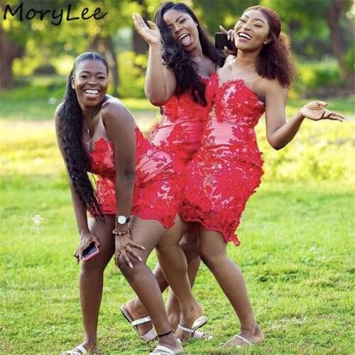Lace Bridesmaid Dresses With Zipper Back Red Sweetheart Short Sheath Soft Tulle Lace Applique Wedding Party Dresses